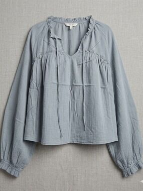 Color Block Boho Blouse Medium Light Blue Cotton Tie Neck Ruffle Long Sleeve